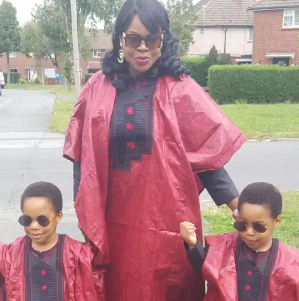 Photos: Actress Taiwo Aromokun and her twin boys step out in matching outfit